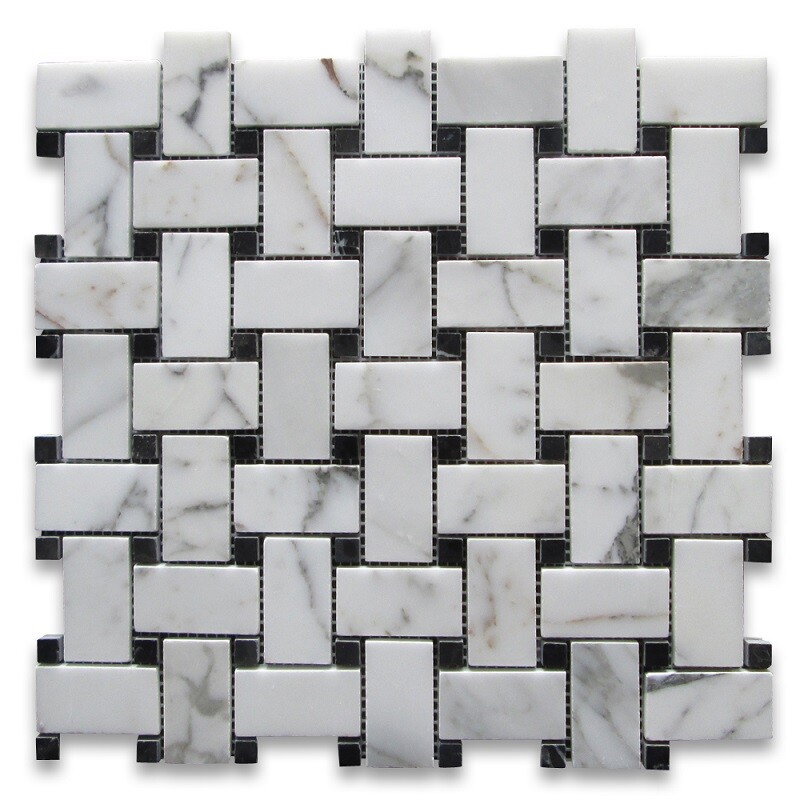 L651XP Basketweave Mosaic Statuary Statuario White Marble 1×2 Tile Polished