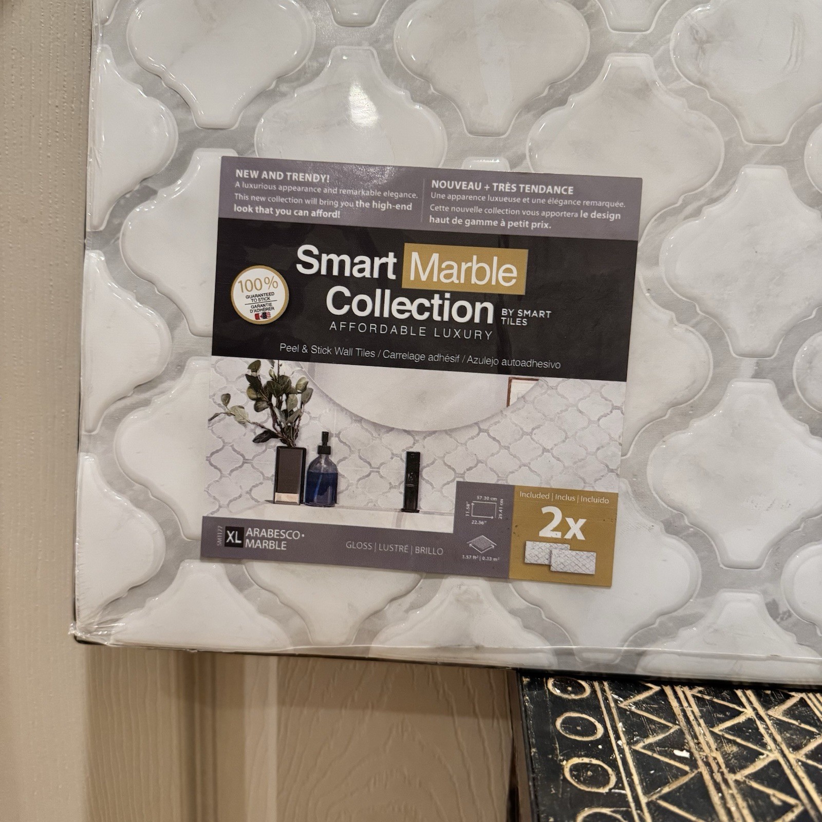 2 X 2pk Smart Tiles Arabesco Marble White 22.56×11.58 in. Peel&Stick Vinyl Tile