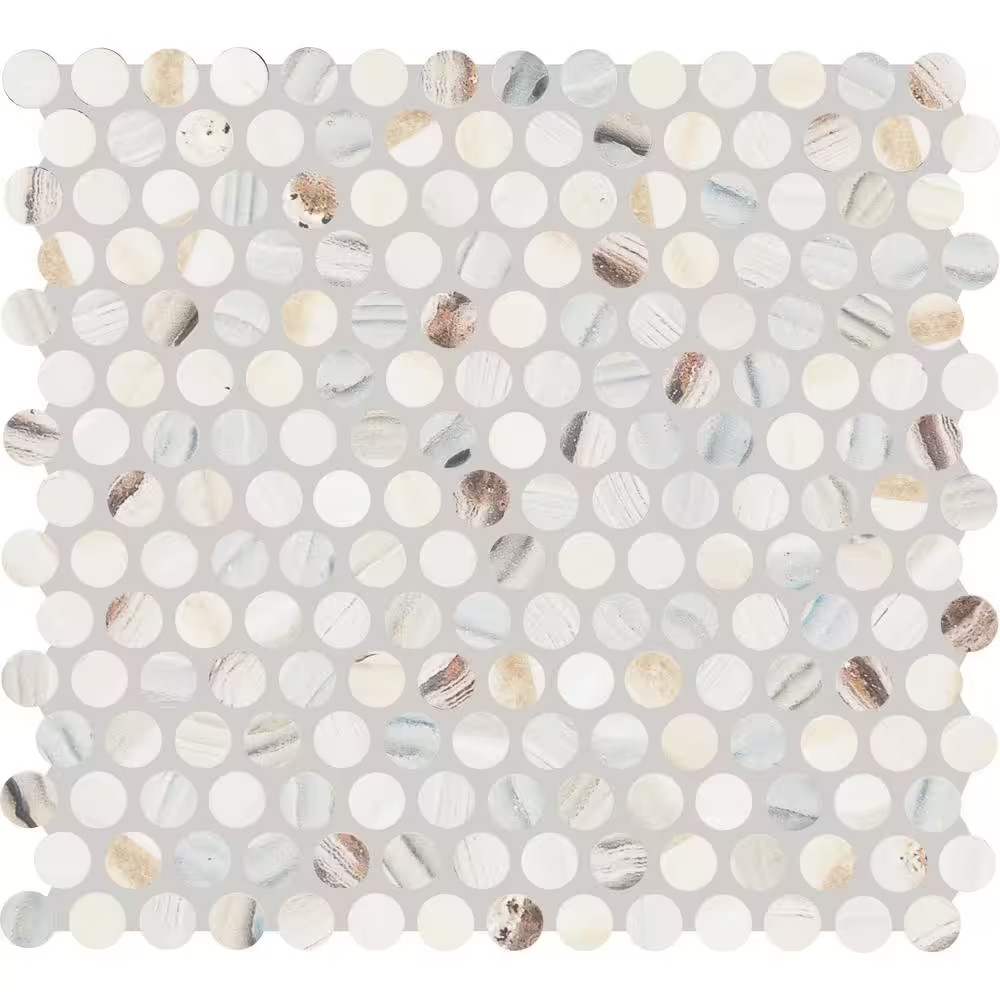Lamora Marble Coastal Blue 11 In. X 13 In. Glazed Ceramic Penny round Mosaic Til
