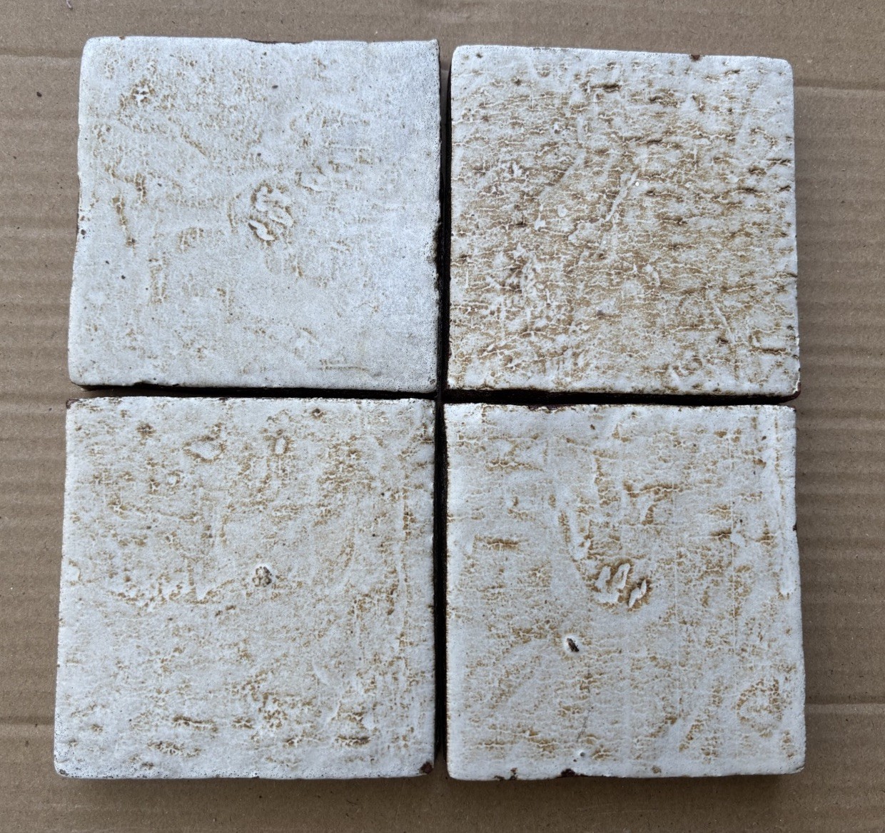 4 Vintage Hand Made Mottled Glazed Field Tile THICK 3 7/8″sq Set of 4 NOS #B