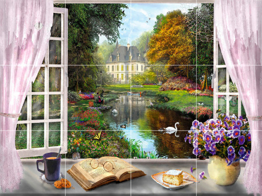 country castle flower garden pond swan window view ceramic mural backsplash