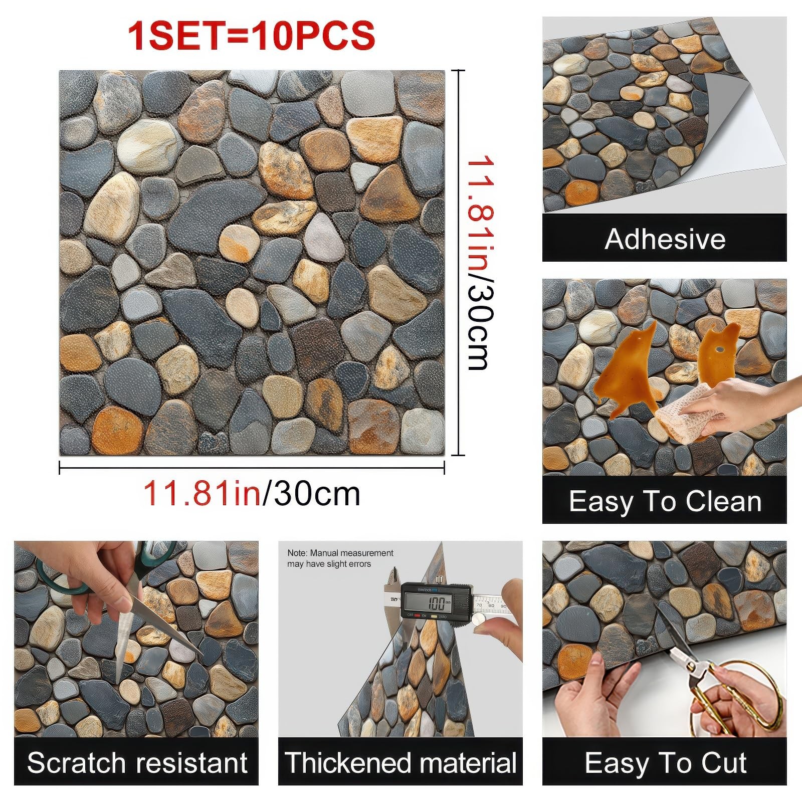 10PCS 12×12 Inch Pebble Stone Look Peel and Stick Floor Tiles Flat Self Adhes…