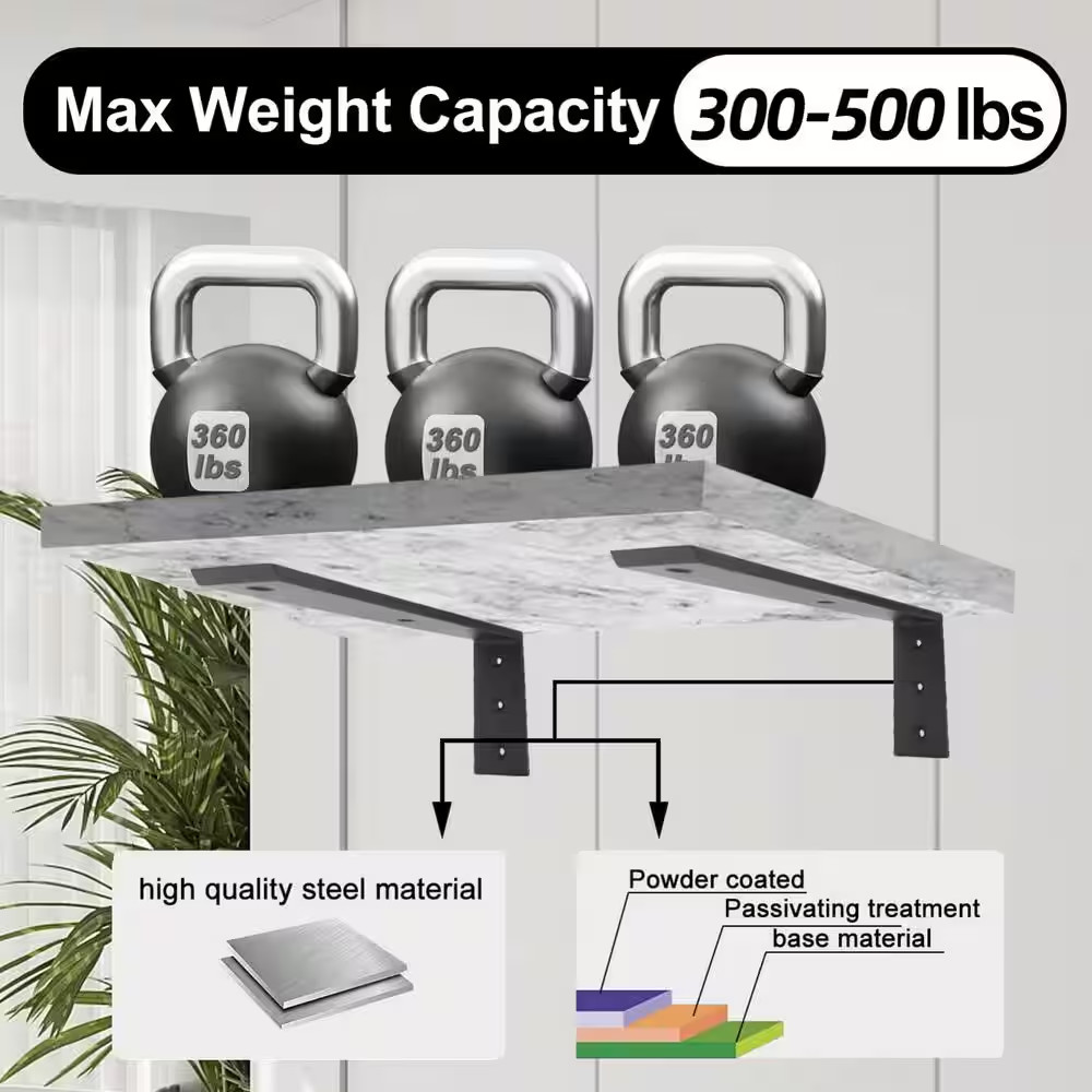 16 In. X 6 In. X 2.5 In. Heavy Duty 3/8 In. Thick Black Countertop Support Brack