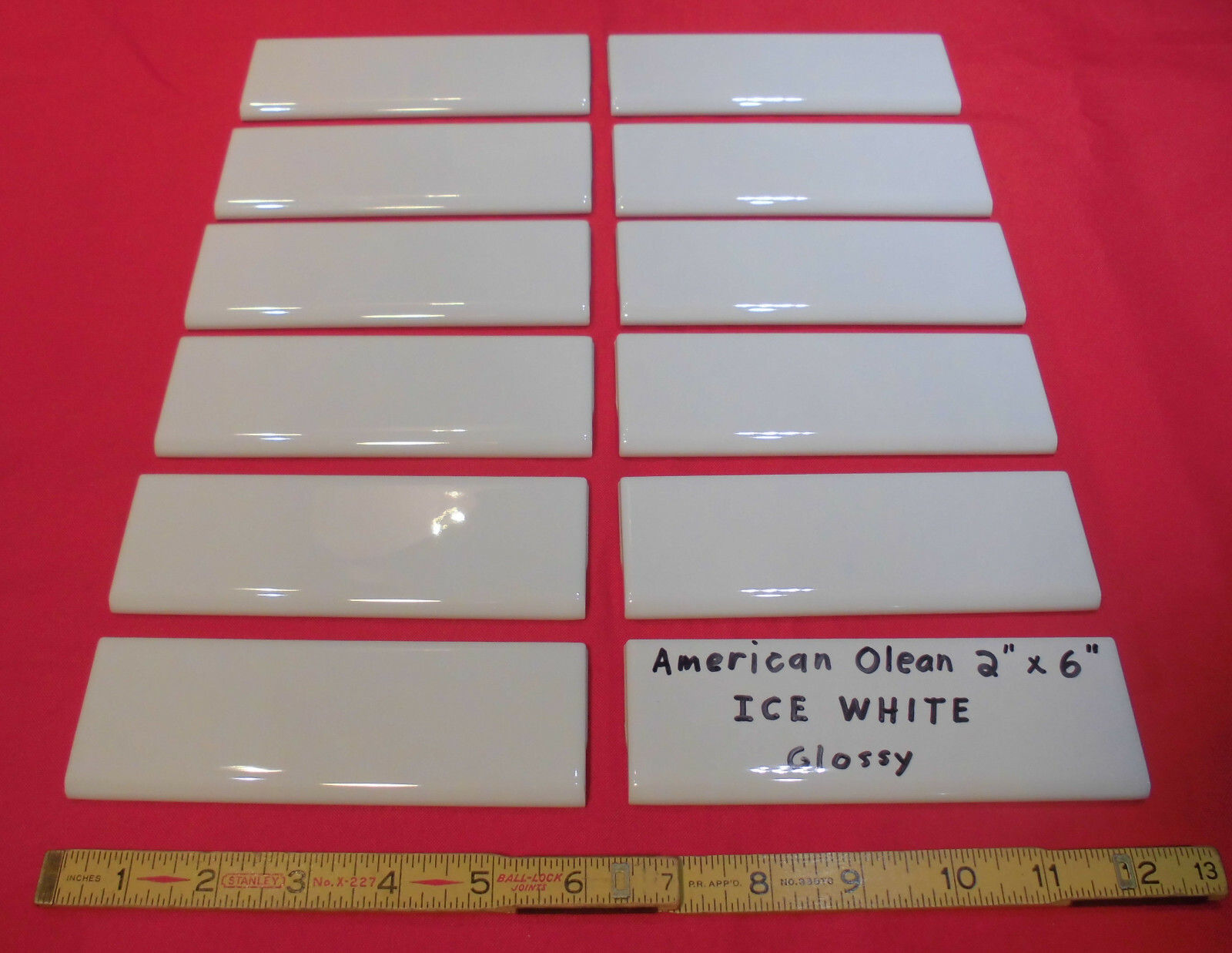 12 pcs. *Glossy Ice White* 2″ X 6″ Bullnose Ceramic Tiles; American Olean, New