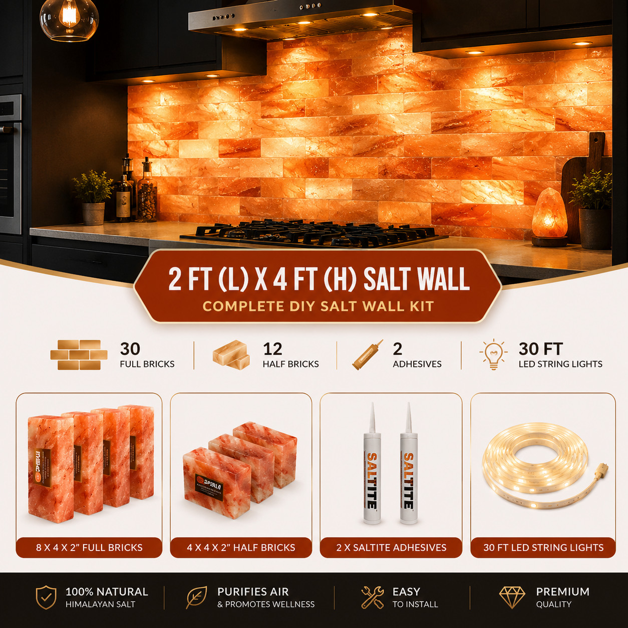 Himalayan Salt Wall Panel 2×4 ft DIY Kit with Salt Bricks & Glue for Spa Sauna