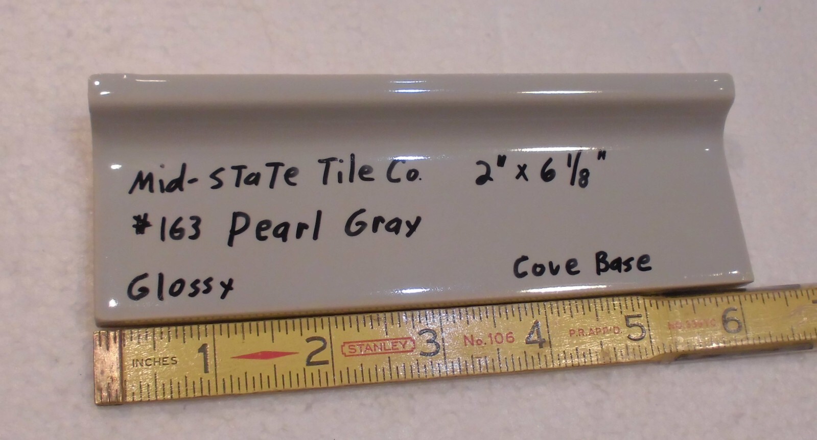 1 pc. Pearl Gray: 2” X 6-1/8” Glossy Ceramic Cove Base Tile, Flat Top, NOS