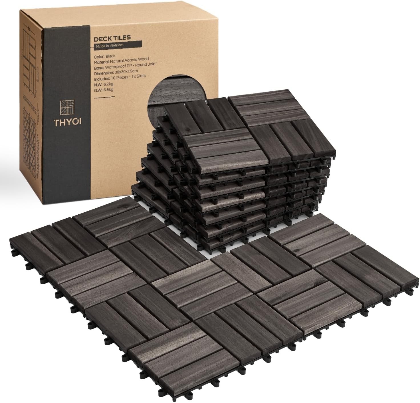 10 PACK THYOI Acacia Wood Deck Tiles Patio Flooring 12”x12”x0.9” Interlocking