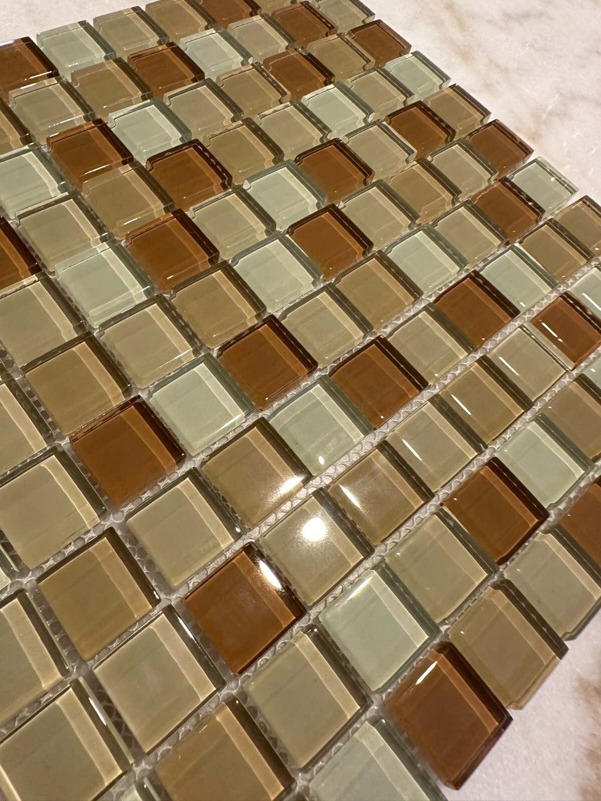 Light Beige Mix Glossy Glass Mosaic 1″x1″ Stacked Mesh Mounted