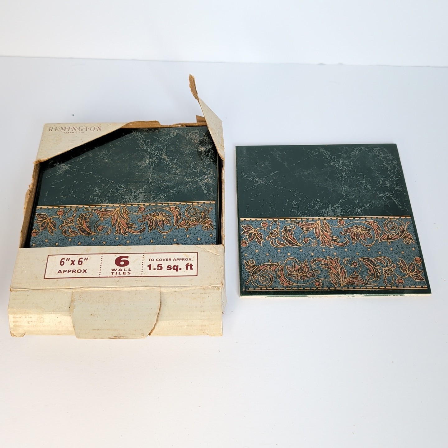 NOS Vintage Remington Marble & Border Ceramic Tile 6″ x 6″ Deep Athens Green