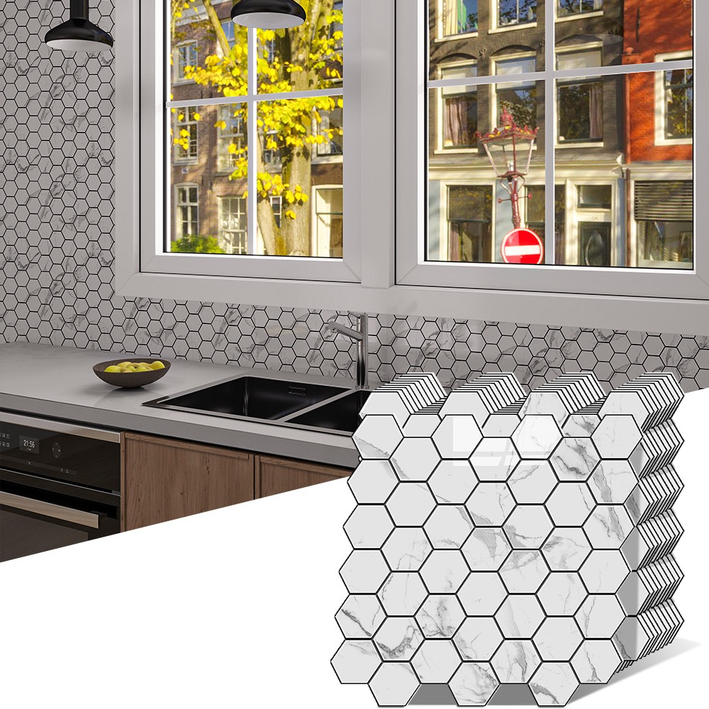 20pc Tiles Plaza Backsplash Tile for Kitchen Peel and Stick White Hexagon Marble
