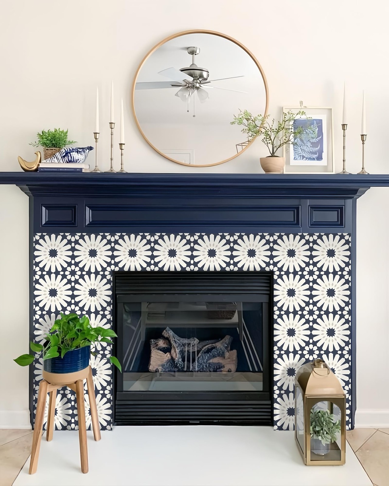 MORCART 20pc 7.87″ Dark Blue Floral Floor Tile
