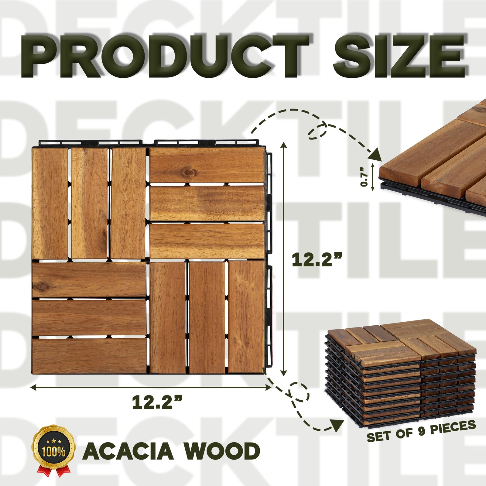 Interlocking Acacia Wood Deck Tiles, 9-Pack, 12 Slats, Waterproof Outdoor Flo…