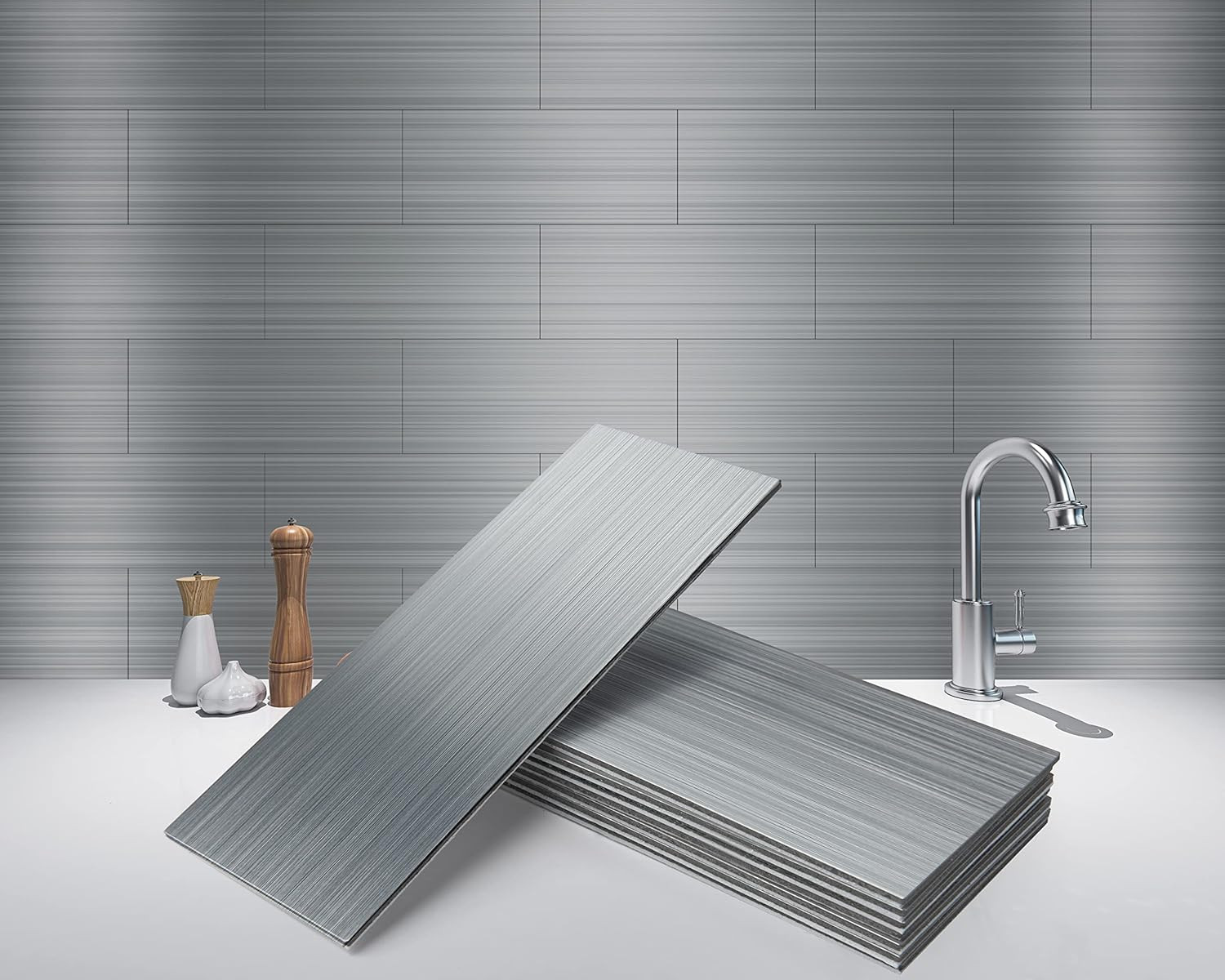 30 Pack of 4″ X 12″ Peel and Stick Stainless Steel Kitchen Backsplashes