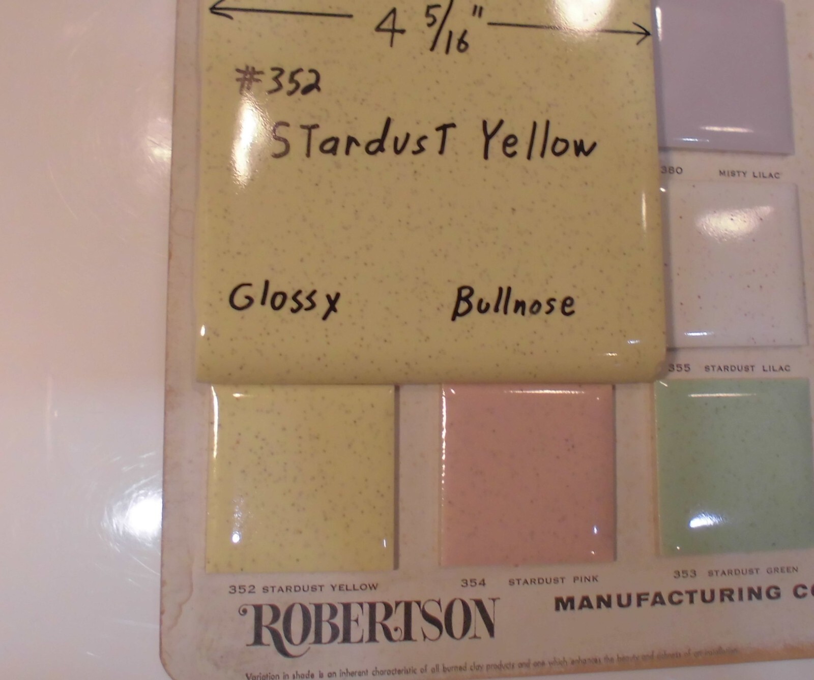 1 pc. Stardust Yellow: Vintage Glossy Ceramic Bullnose Tile 4-5/16” Robertson