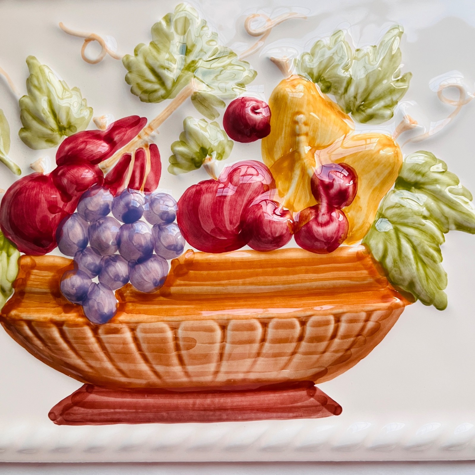 Vintage Embossed 3D Ceramic Fruit Basket Wall Tile Plaque Accent Piece Kitchen
