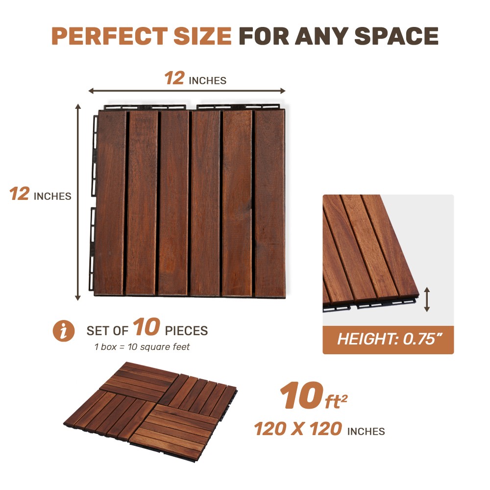 10 PCS Interlocking Deck Tiles Striped Pattern, 12″ x 12″ Square Acacia Hardwood