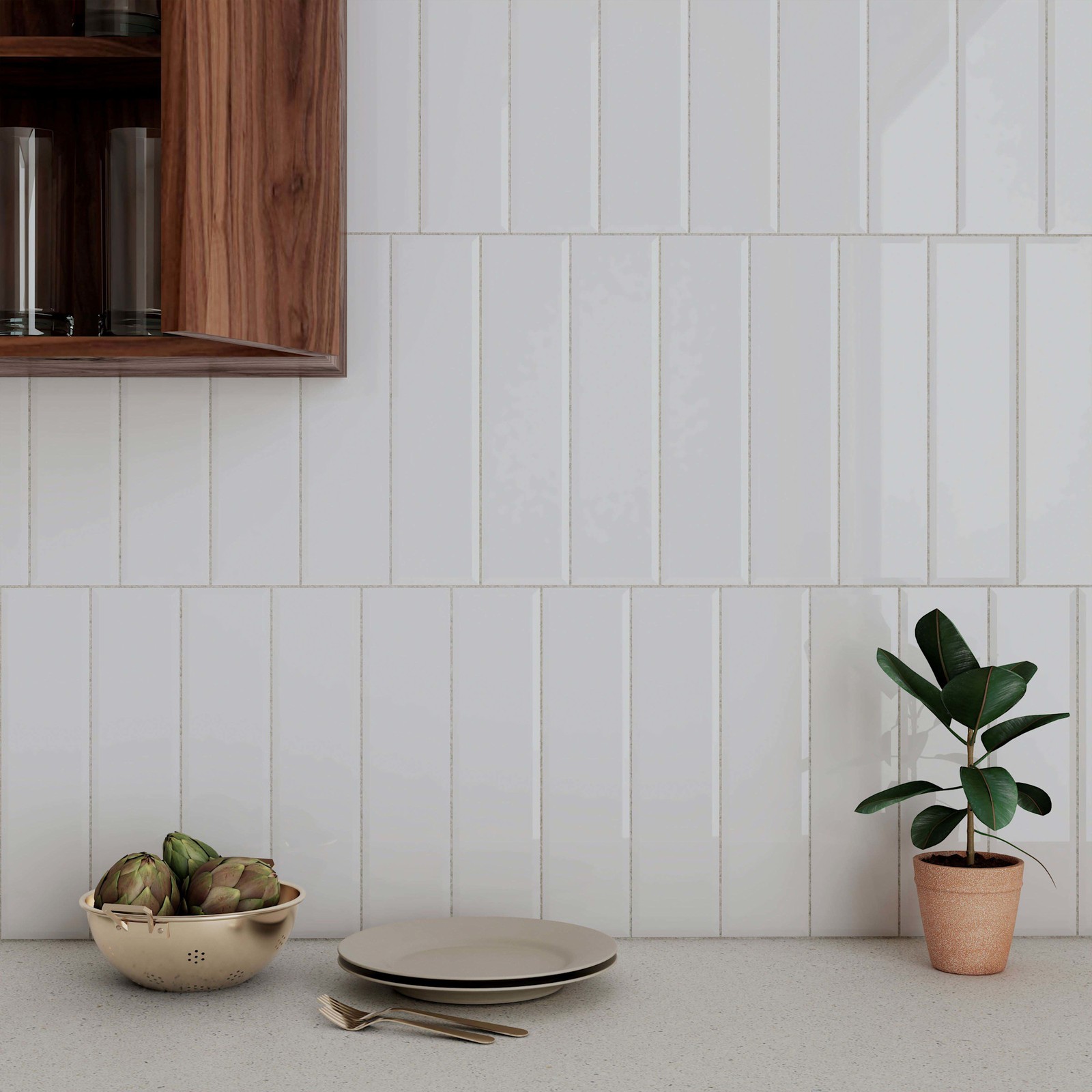 Cruz Bay Studio MKT6 Facet – 3″ x 12″ Brick Wall Tile – Glossy – White
