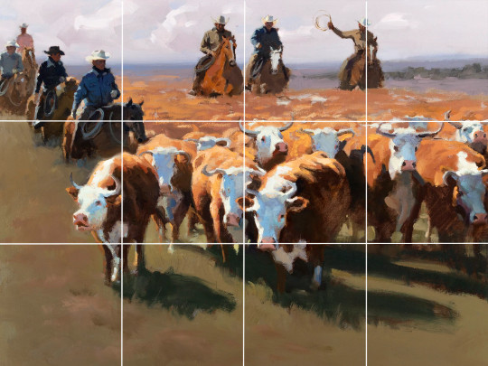 cattle drive cowboys country western American ceramic tile mural backsplash
