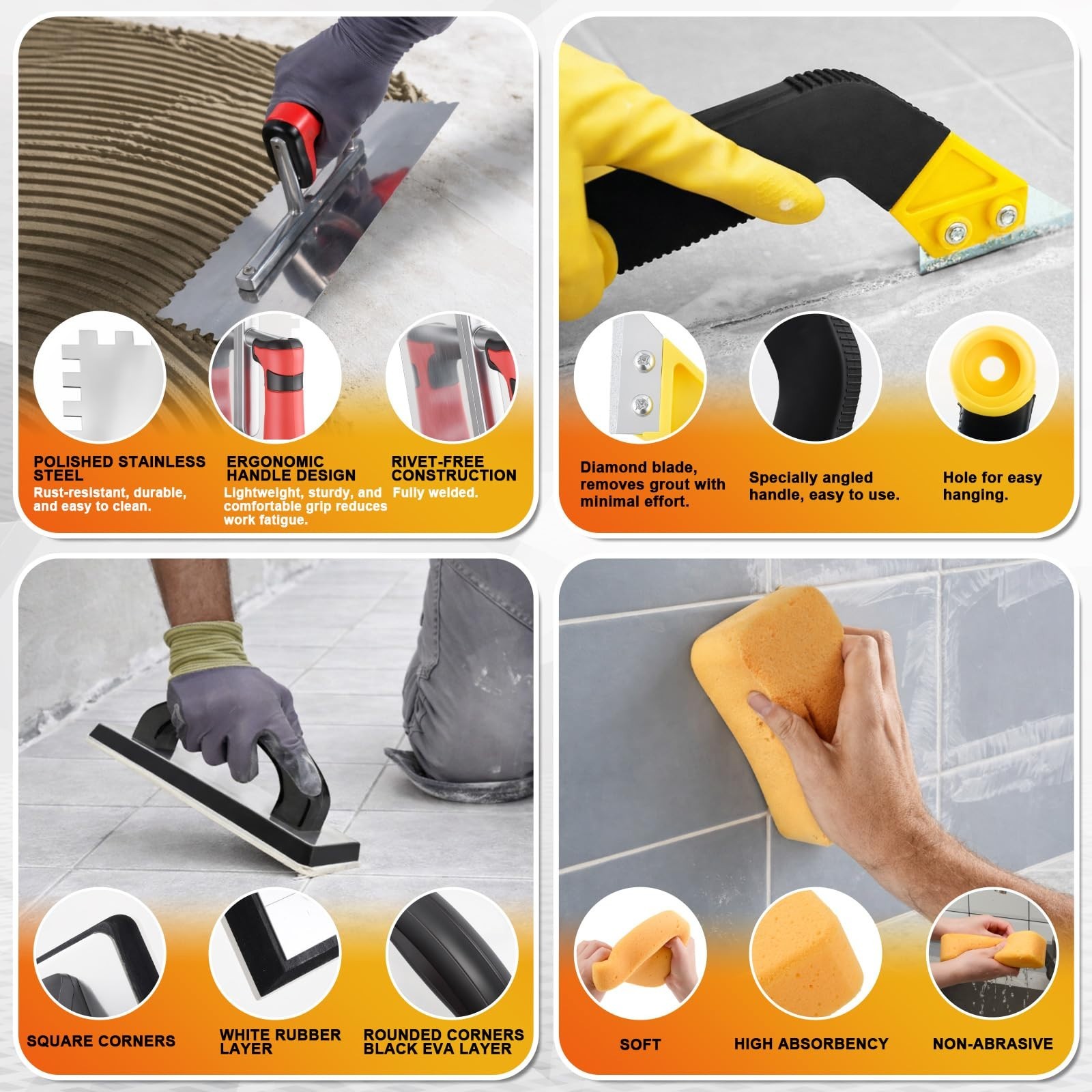23 Pcs Tile & Grout Tool Set, Caulking Remover, Stainless Steel Trowel, Sponge,