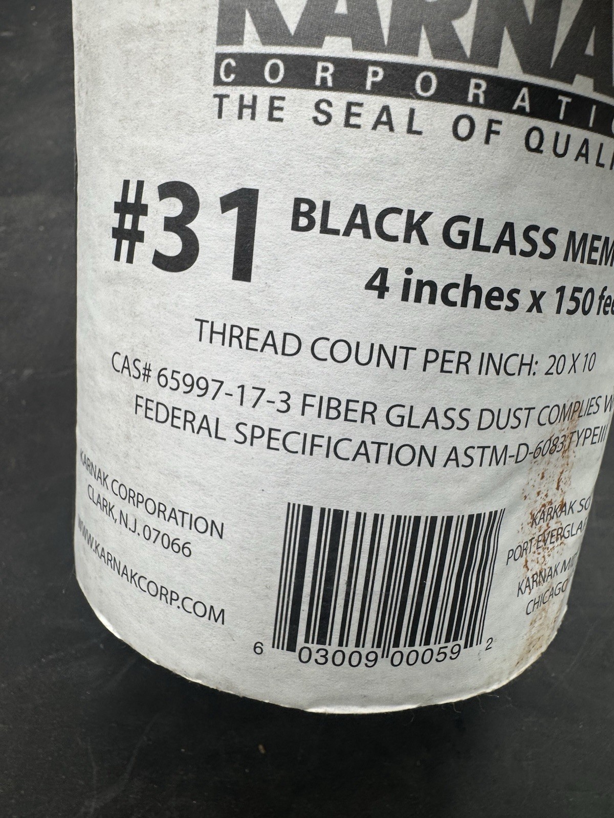 Karnak Corporation #31 Black Fiberglass Water-proofing Membrane 4″ x 150′ roll