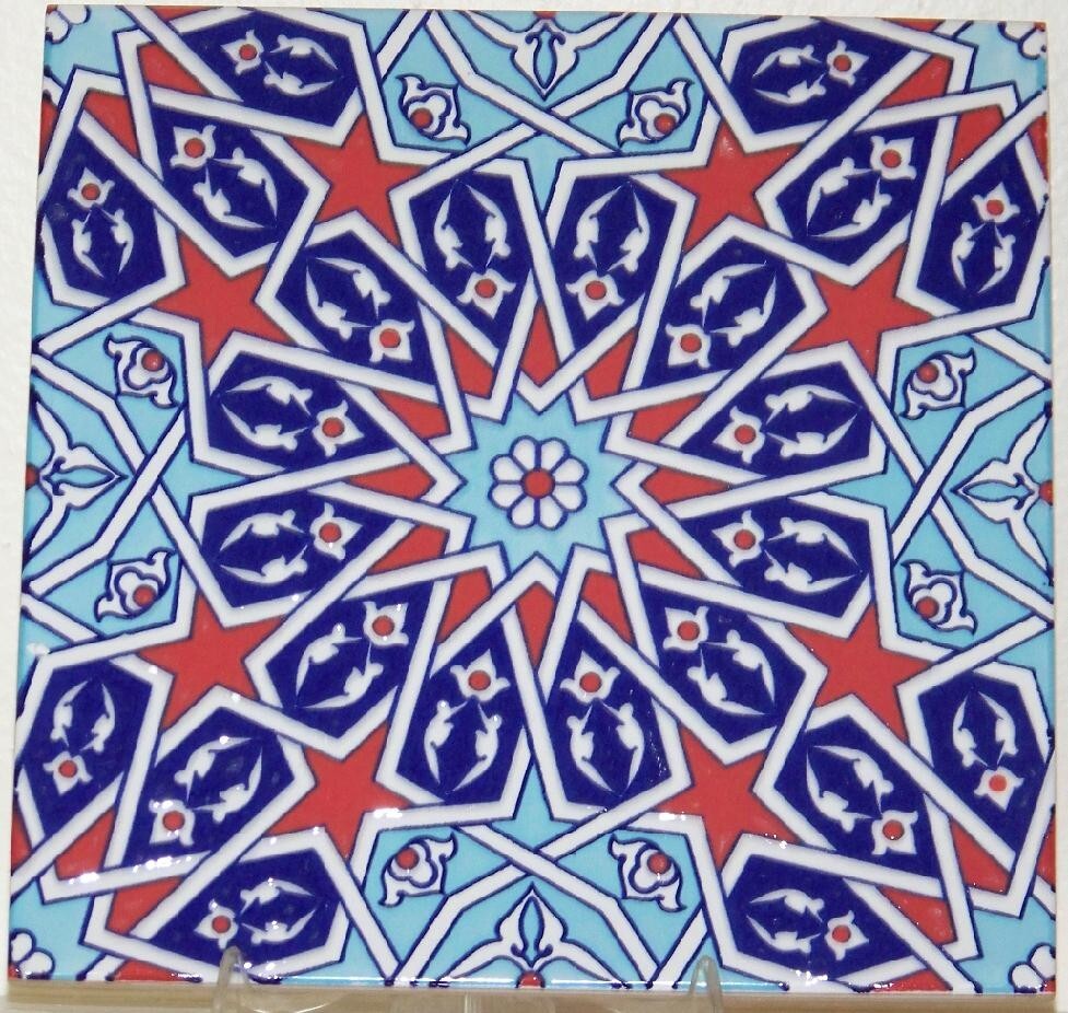 16″X16″ Turkish Iznik Blue & Red Floral & Geometric Pattern Ceramic Tile