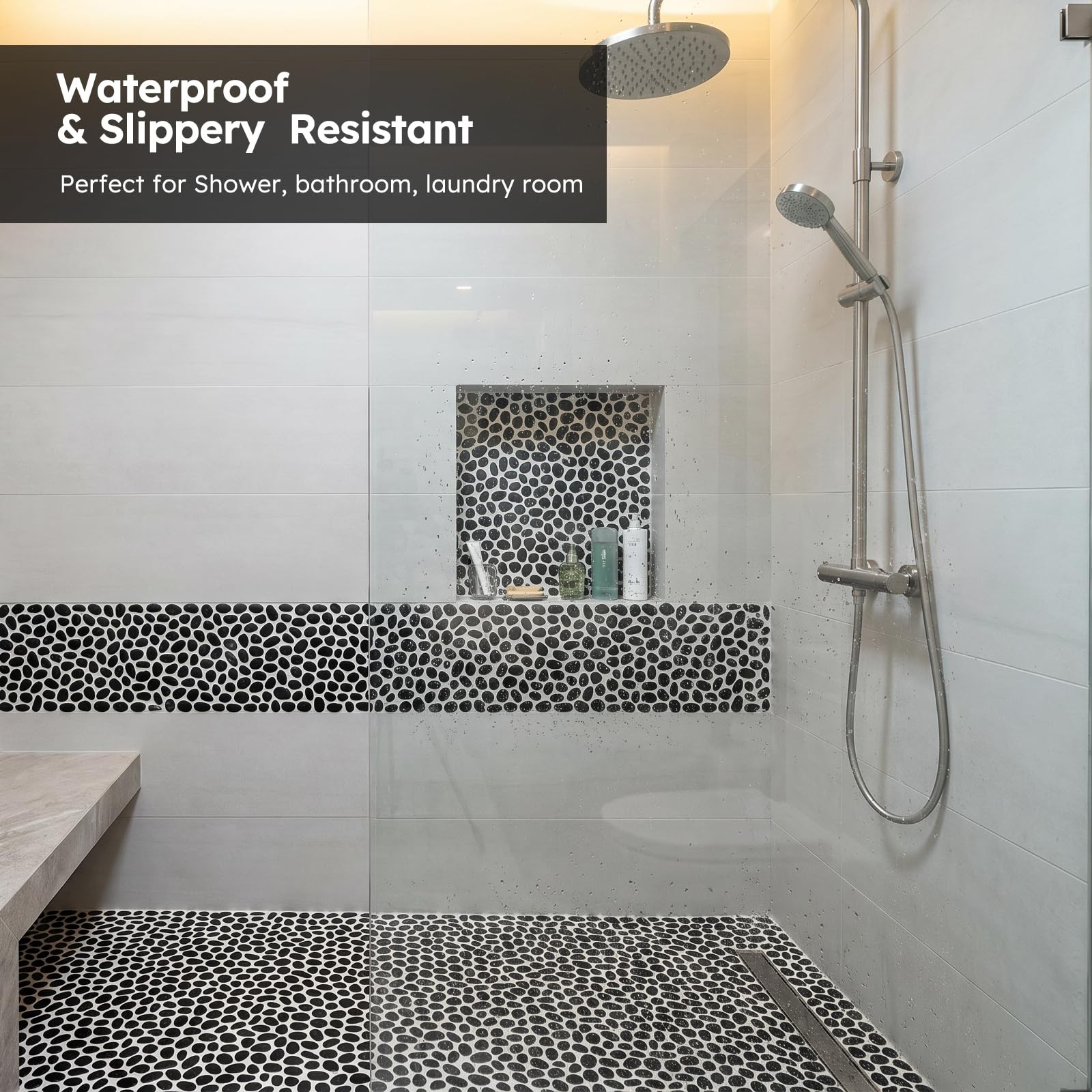 Pebble Tile for Shower Floor, Black Oval, 5 Sheets, Pebble Mosiac Backsplash …