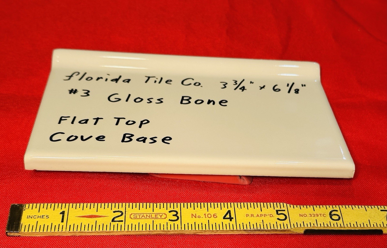 1 pc. Gloss Bone: 3-3/4″ X 6-1/8″ Ceramic Cove Base Tile, florida Co. Flat Top