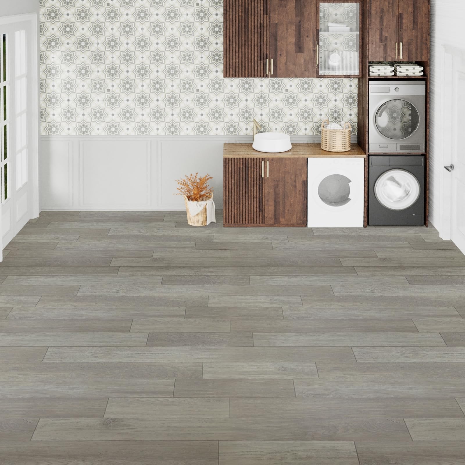 Oxdigi Vinyl Flooring Roll 53 3’4″W x 16’5″L (53 sq.ft), Blocky Grey Oak