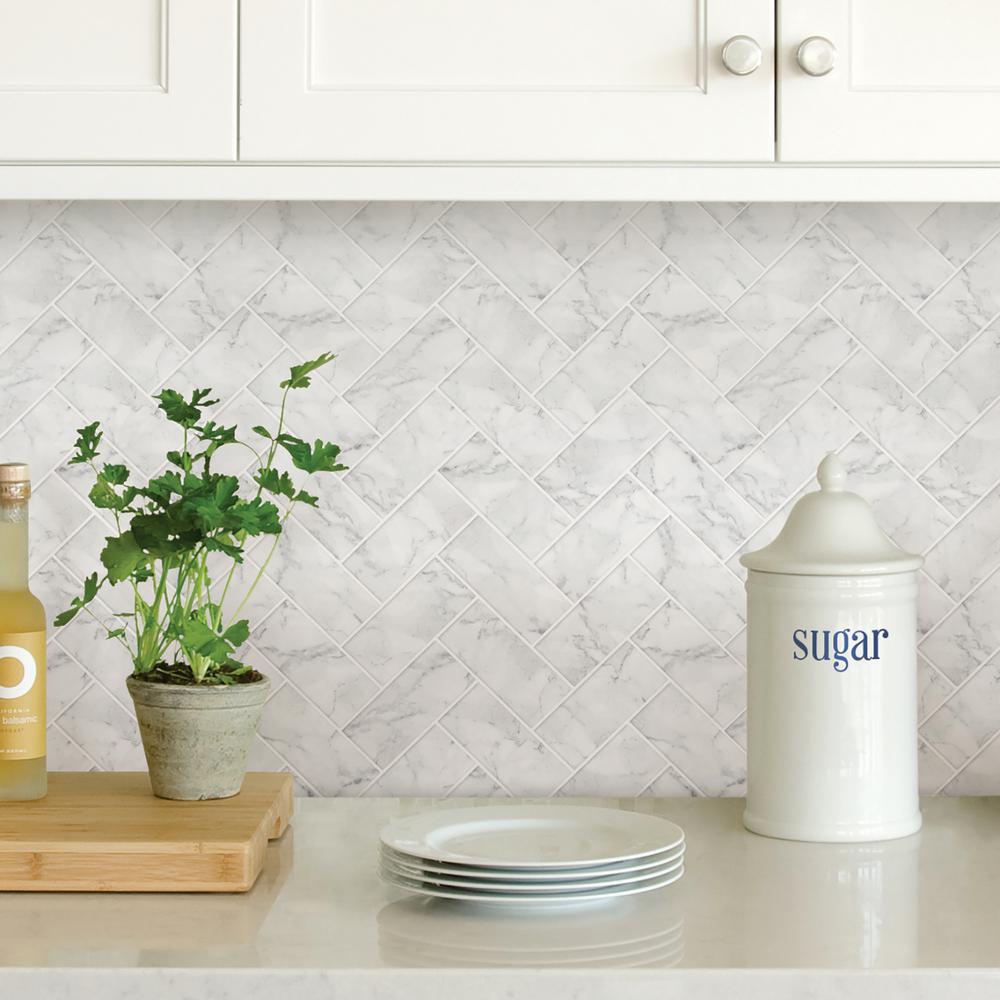 Wallpops Herringbone Carrara Marble Farmhouse Peel and Stick Tile Backslash DIY