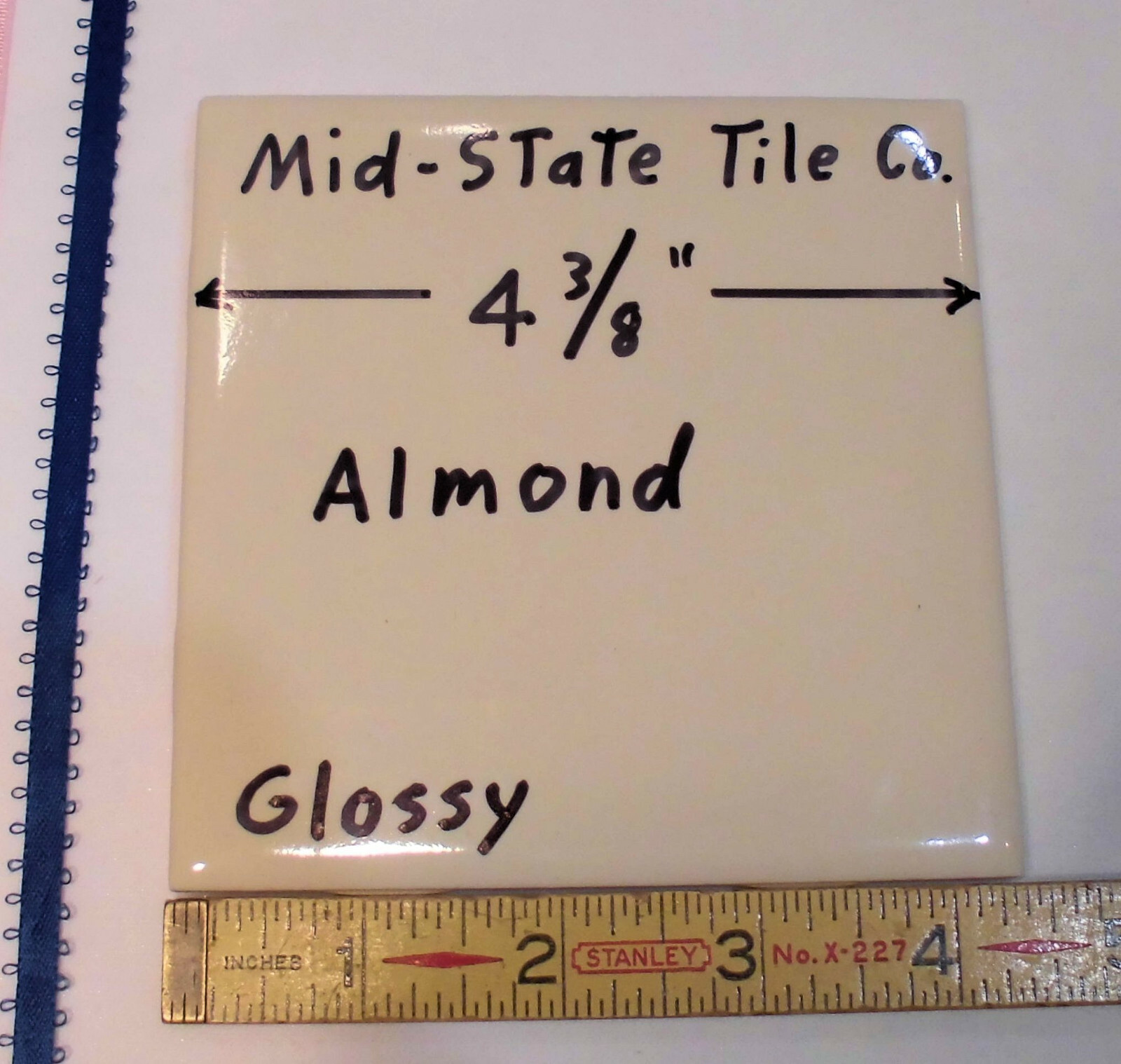1 pc. *Almond* Glossy 4-3/8″ Ceramic Tile by Mid-State Co.; New Old Stock USA