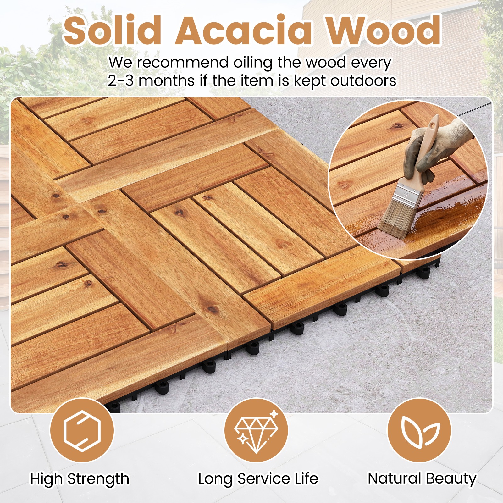 12″ x 12″ Acacia Wood Interlocking Deck Tiles54 PCS Waterproof Flooring Tiles