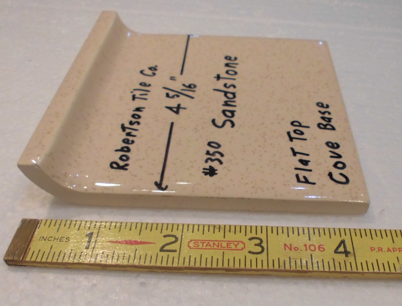 1 pc. Sandstone – Buckwheat: Cove-Base Ceramic Tile 4-5/16″ Robertson Co. Glossy