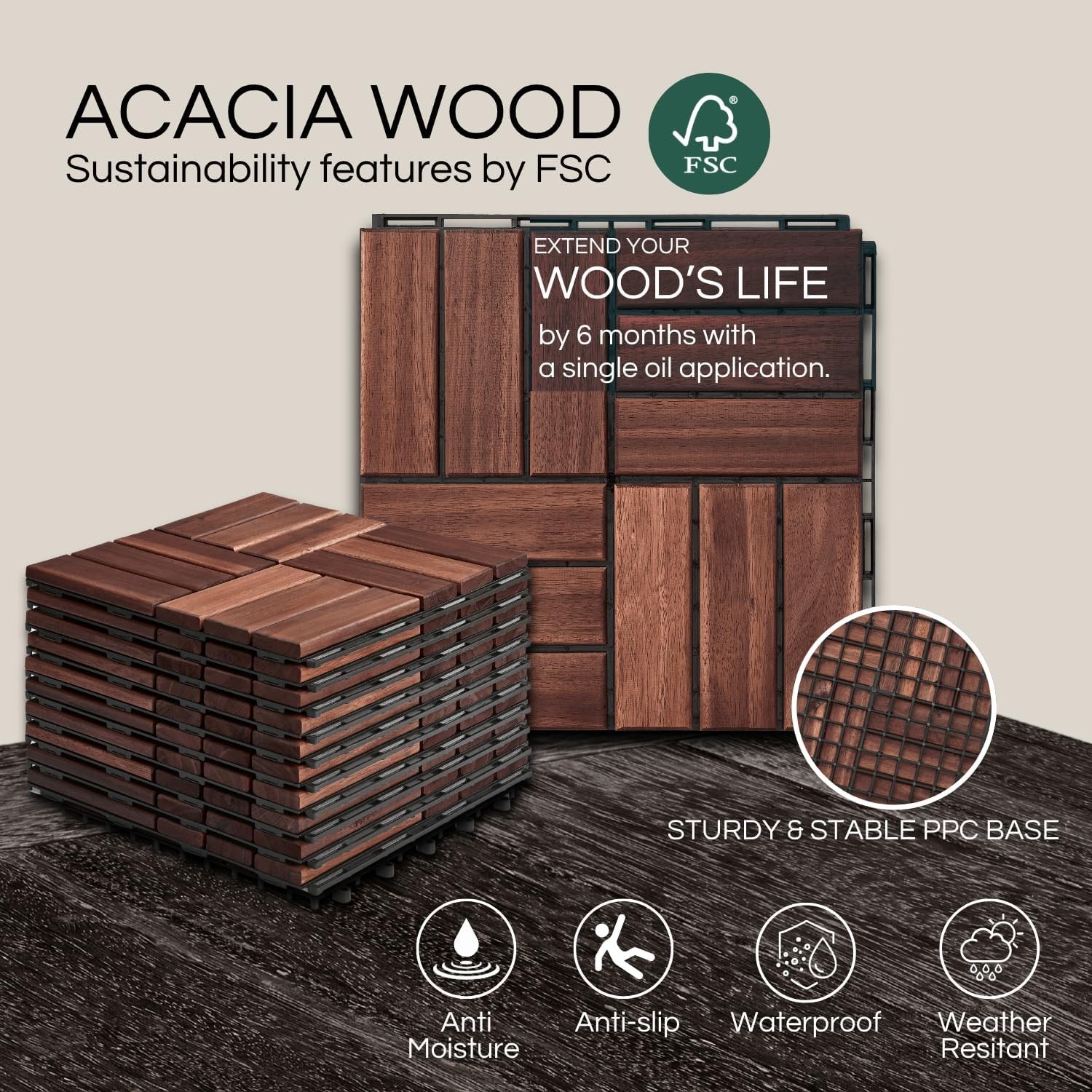 Crossed Pattern Acacia Wood Tiles – 10 Pc Set