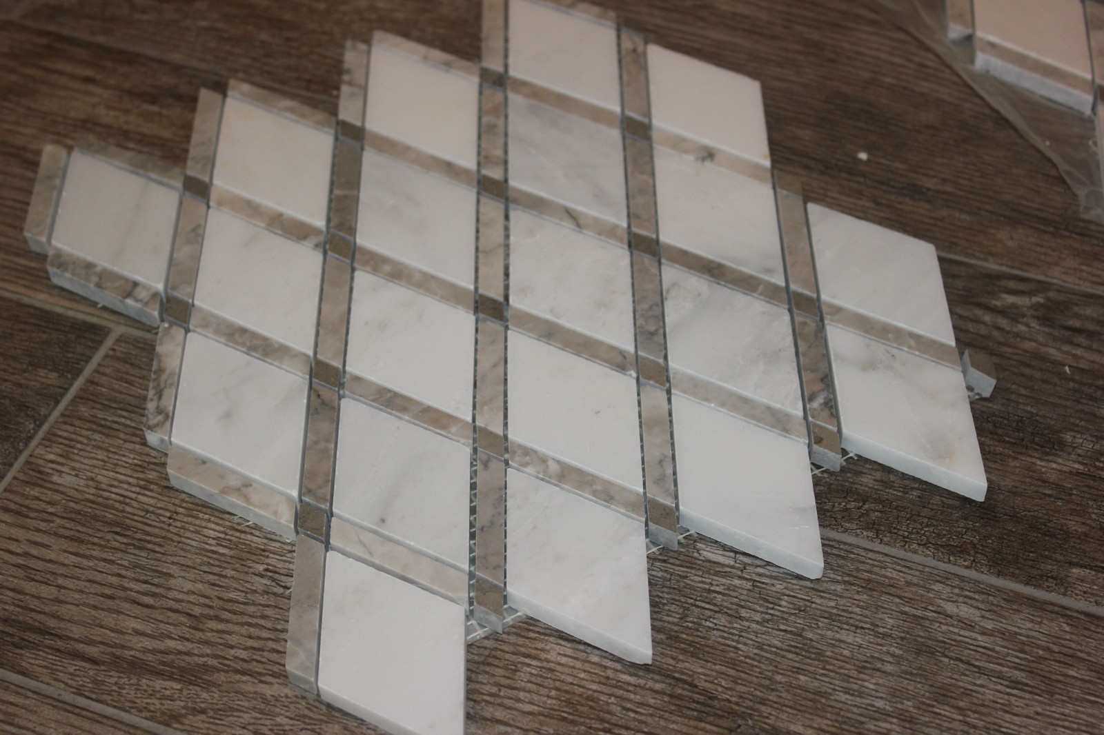 10 SF Sheets Polished Marble Diamond Rhomboid Lattice Mosaics White Beige Taupe