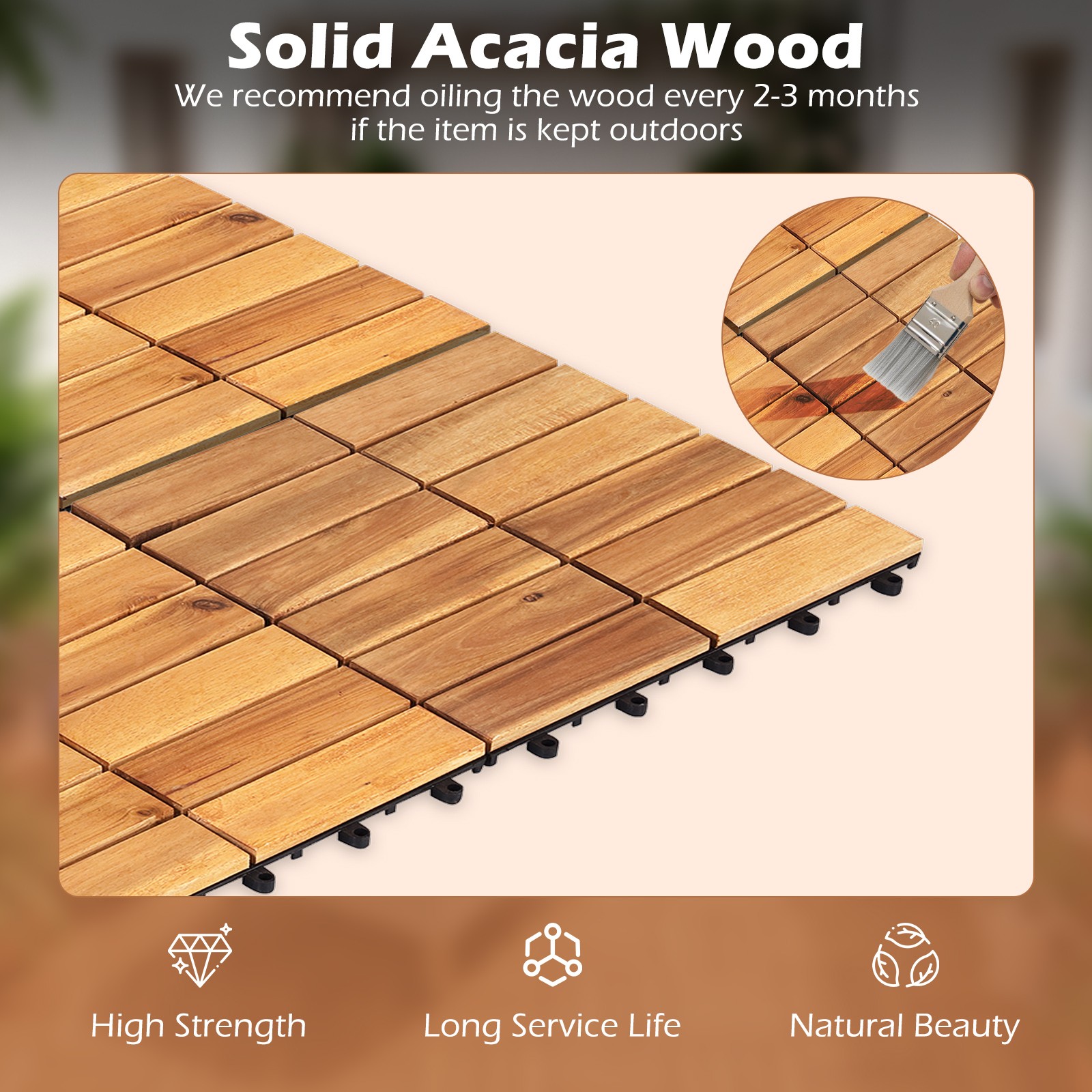 12″ x 12 Acacia Wood Interlocking Deck Tiles 54 PCS Waterproof Flooring Tiles