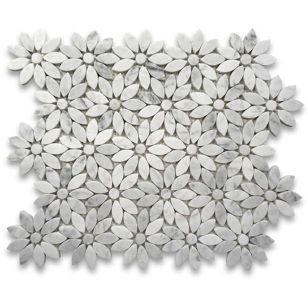 C9D0XH Carrara Venato Carrera Marble Daisy Flower Pattern Mosaic Tile Honed