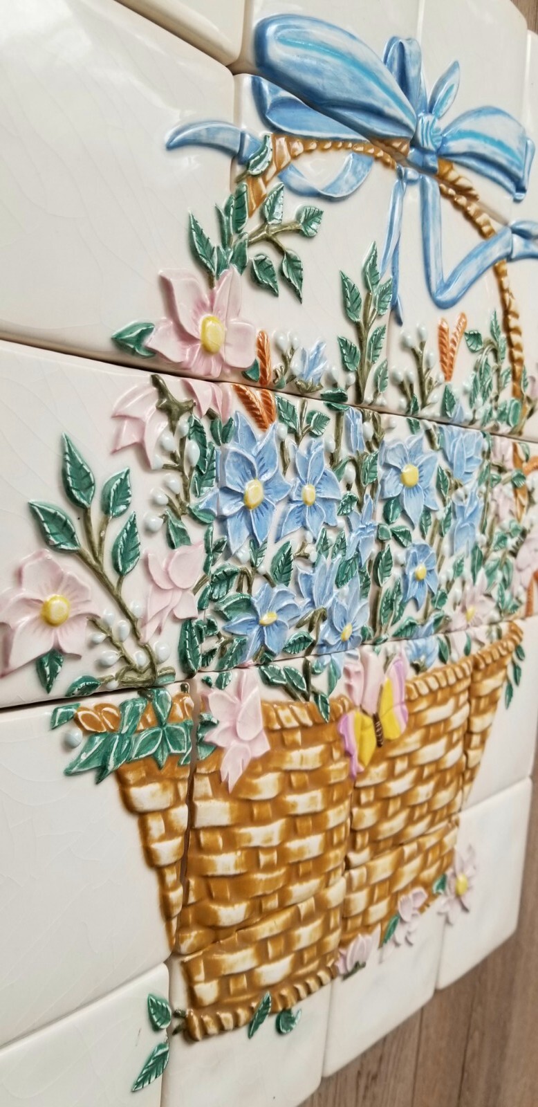 Ceramic Backsplash Tile Mural 3D HAND MADE Flower Basket Kitchen or Wall Install