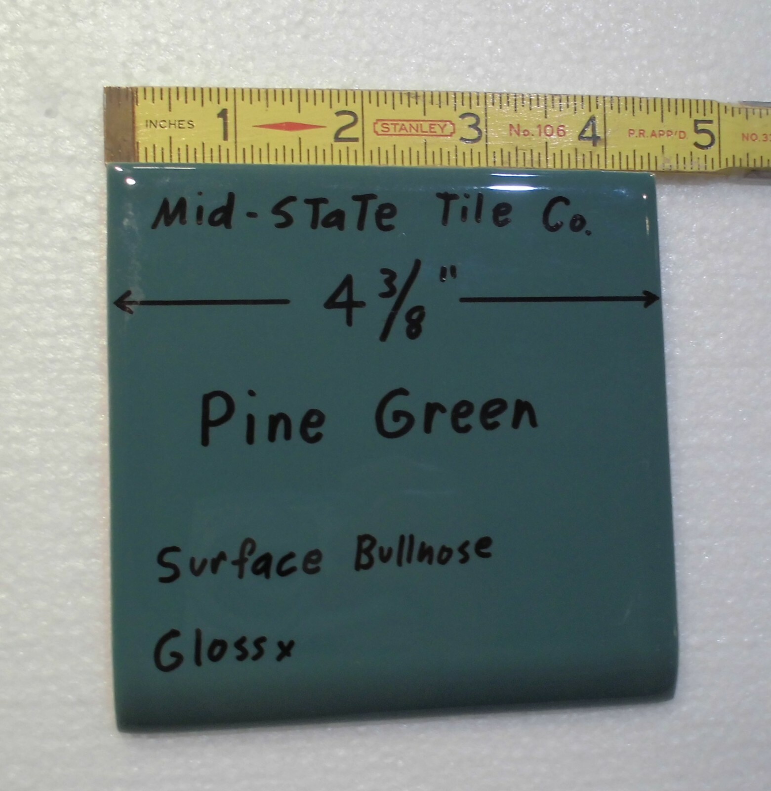 1 pc. *Pine Green* Bullnose Ceramic Tile 4-3/8″ by Mid-State Co. Glossy NEW