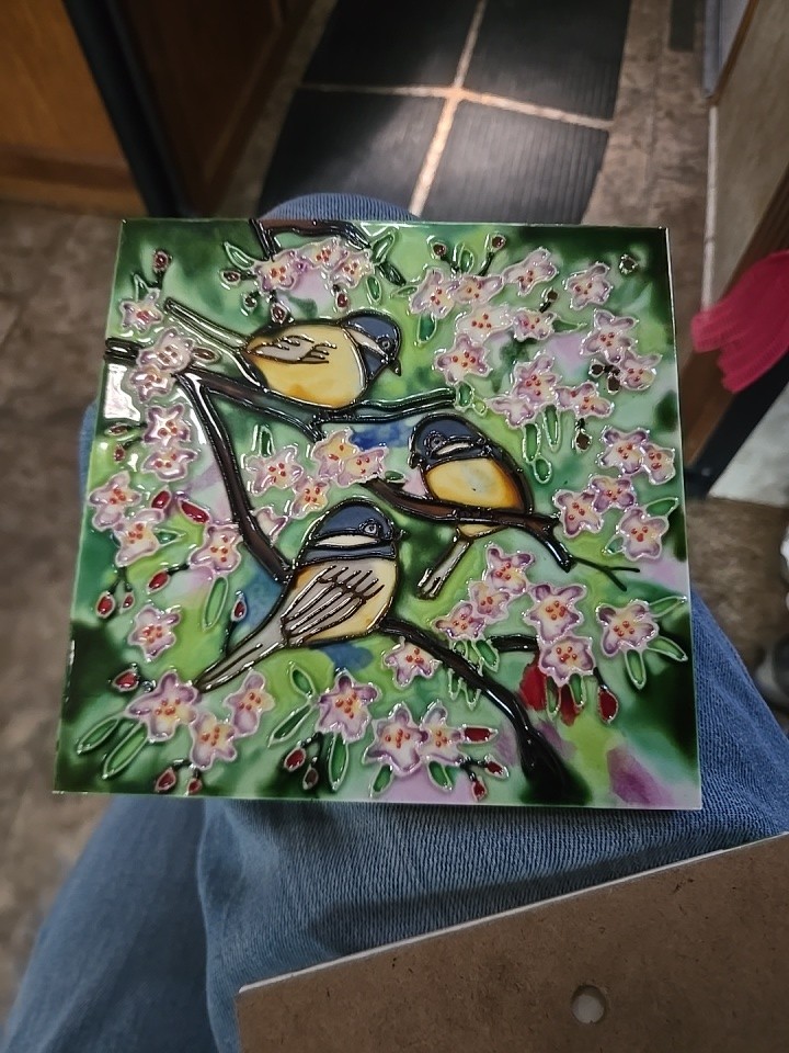 Blue Pacific Trivet Tile Chickadees Berries Hand Painted Hot Plate Wall Art 6”