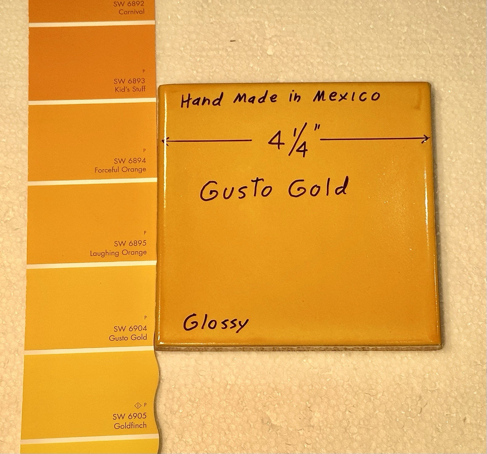 1 pc. Golden-Yellow: 4-1/4″ Hand-Made in Mexico, Glossy Red-Clay Ceramic Tile