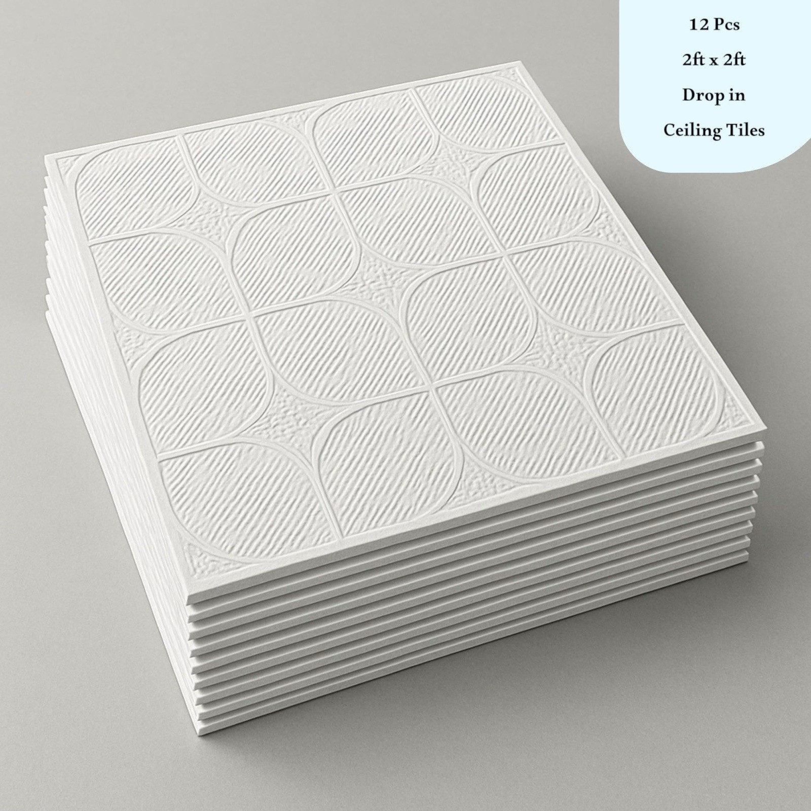 12Pack 2×2 Ft White Drop-In PVC Ceiling Tiles – Waterproof, Acoustic, Fireproof