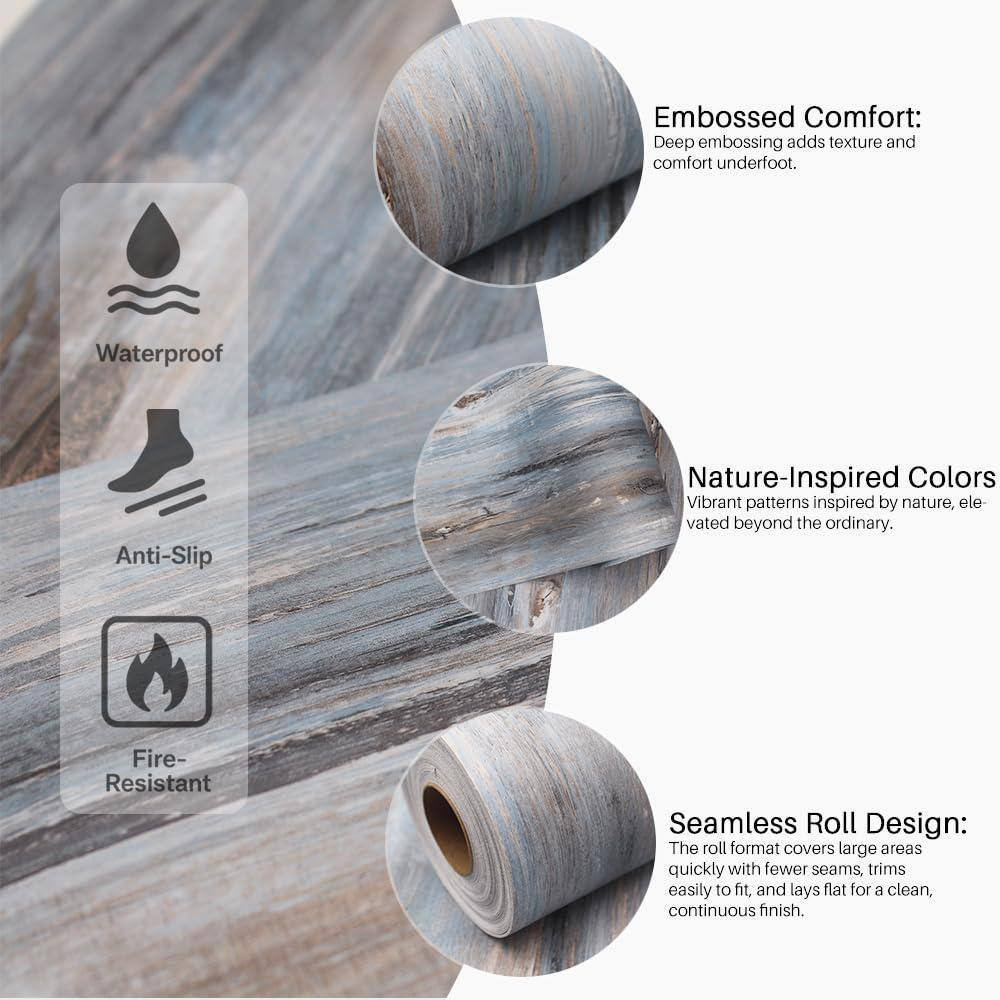 6.00 In. 36 Blue Wood Grain Peel and Stick Vinyl Flooring Roll Waterproof Self A