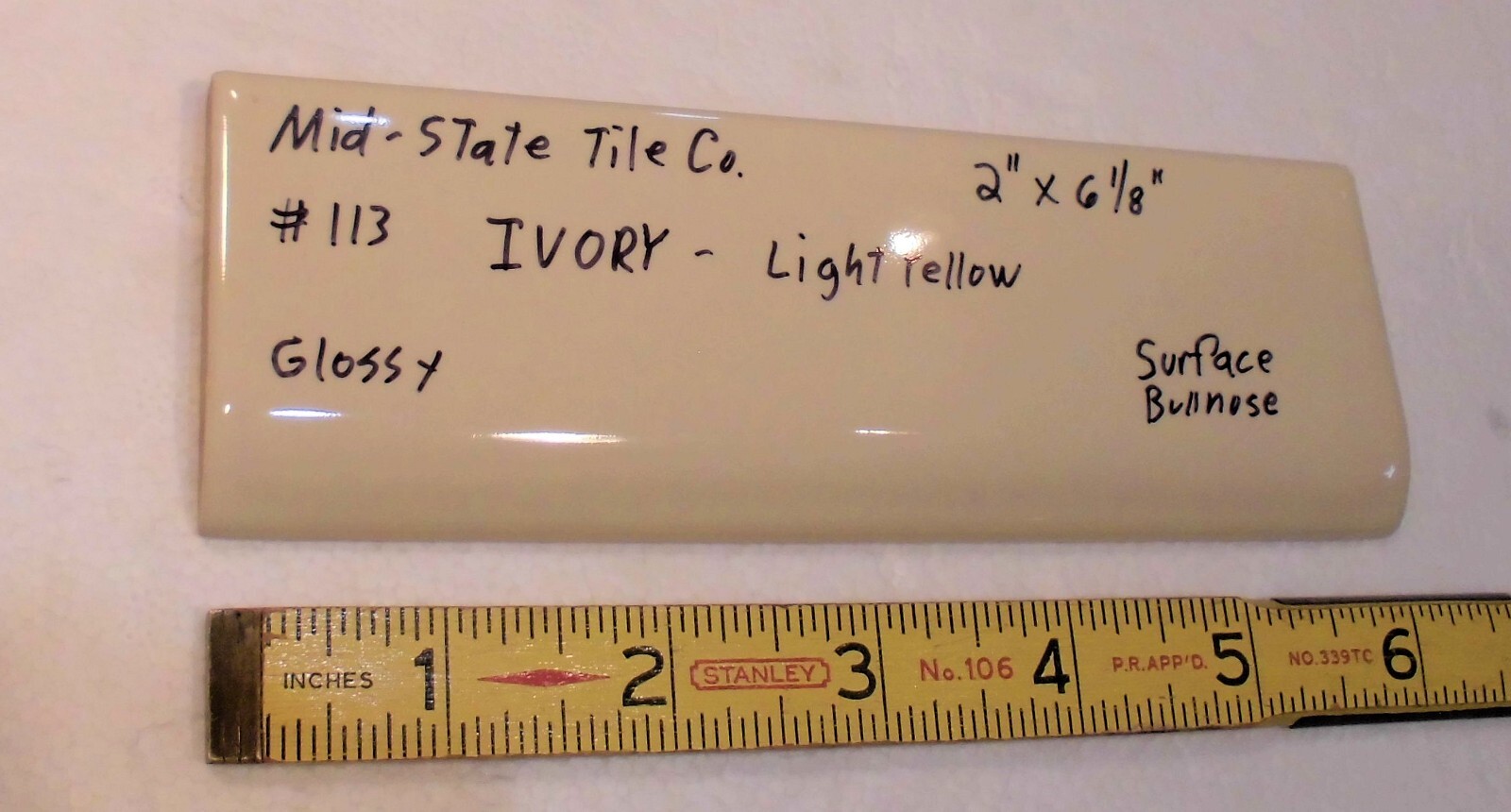 1 pc. Glossy *Ivory* 2” X 6” Bullnose Surface Flat Ceramic Tile, Light Yellow
