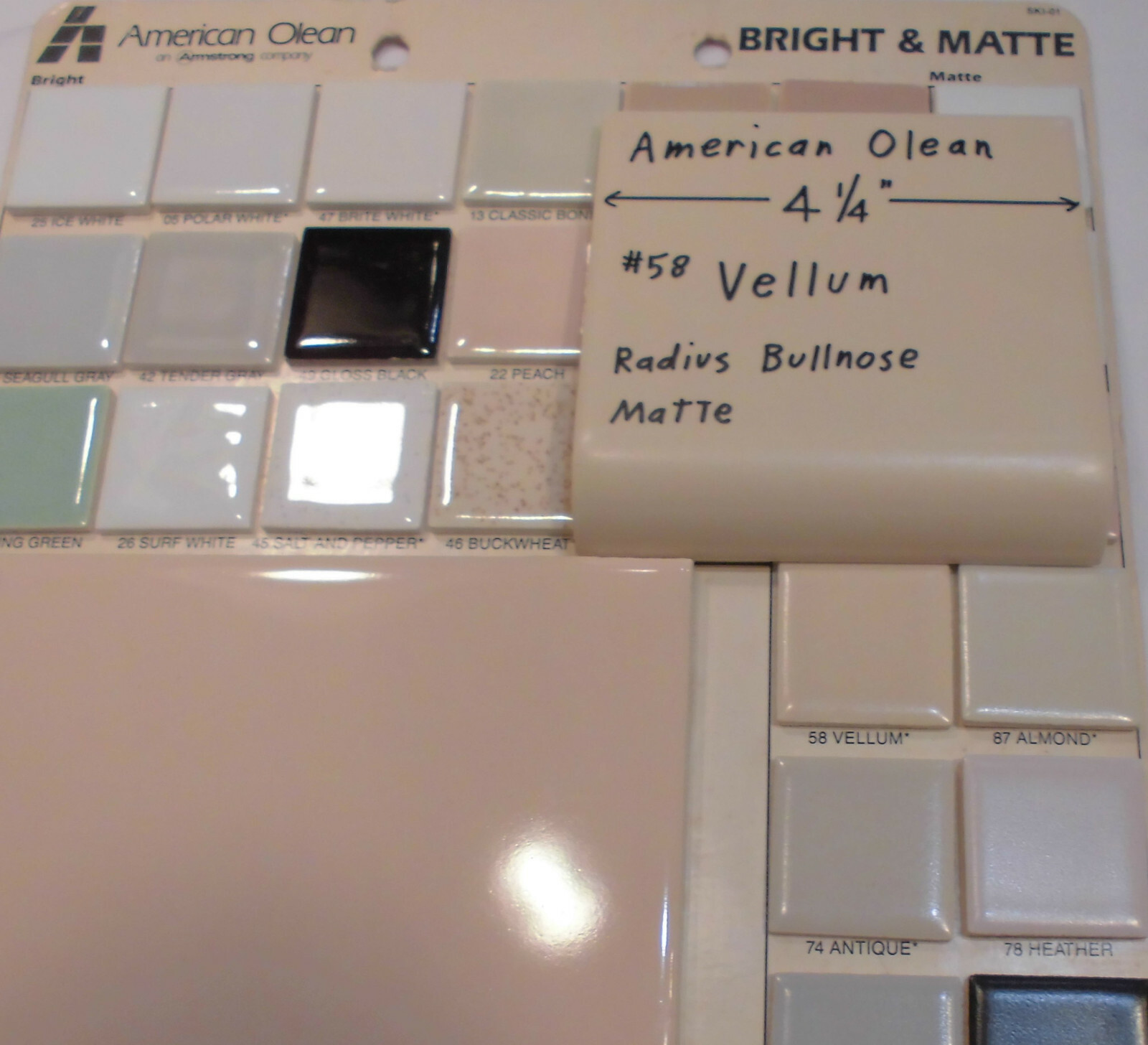 1 pc. Vellum – Tan: Matte Radius Bullnose Ceramic Tile 4-1/4″ American Olean