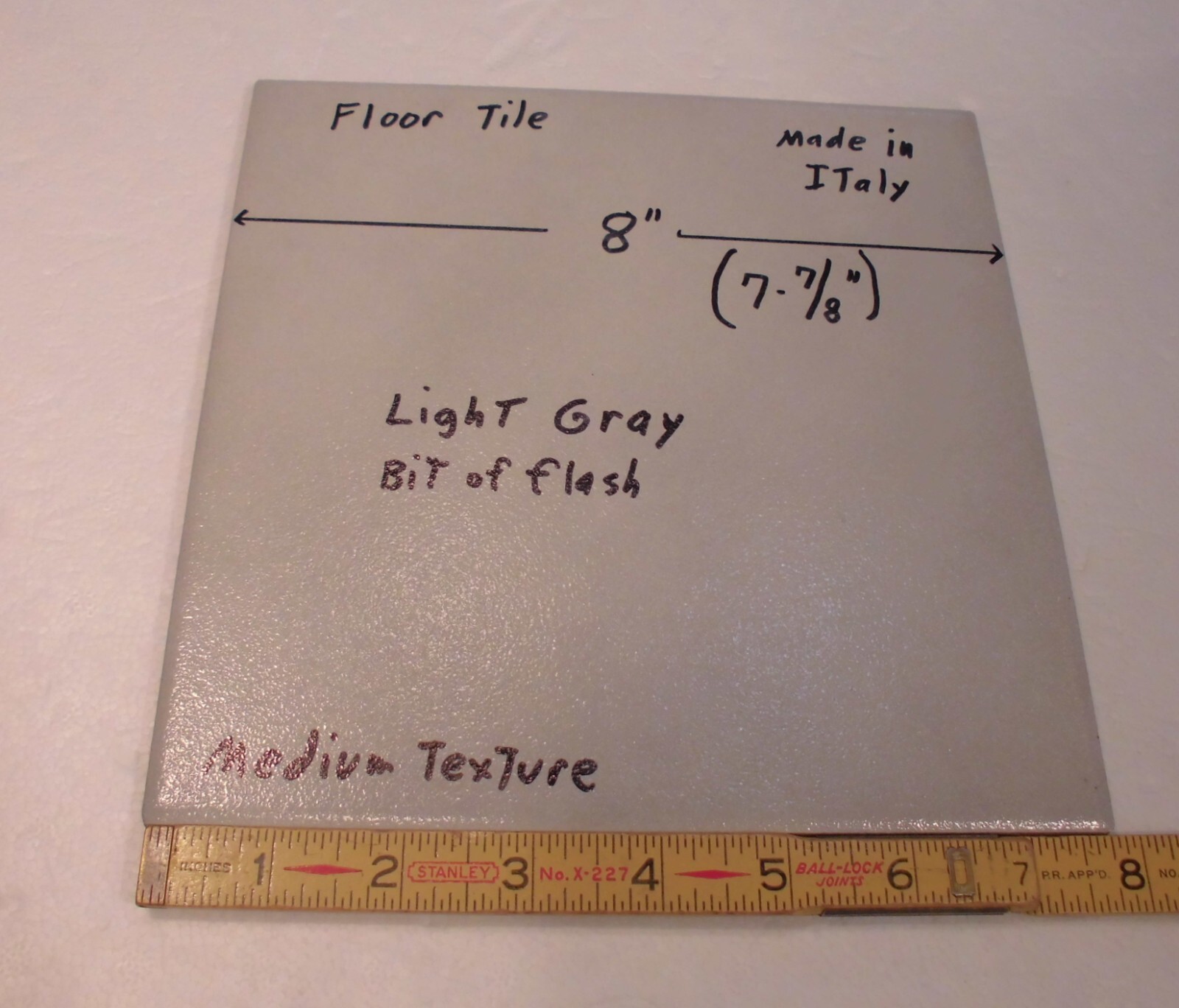 1 pc. “Light Gray” 7-7/8″ Ceramic Floor Tile: Medium Textured, Italian, flash