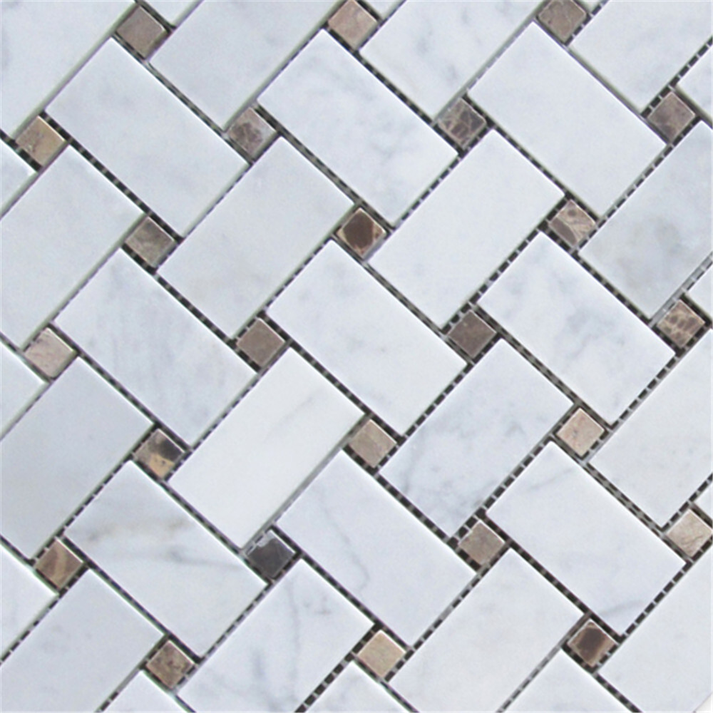 C654XH Carrara Venato Marble 1×2 Basketweave Mosaic Tile Brown Dots Honed