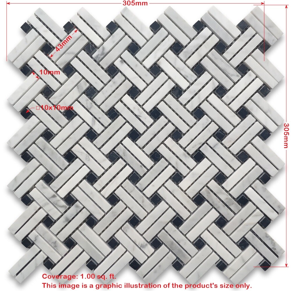 C697XP Carrara White Diagonal Basket Weave Gray dots Marble Mosaic Polished