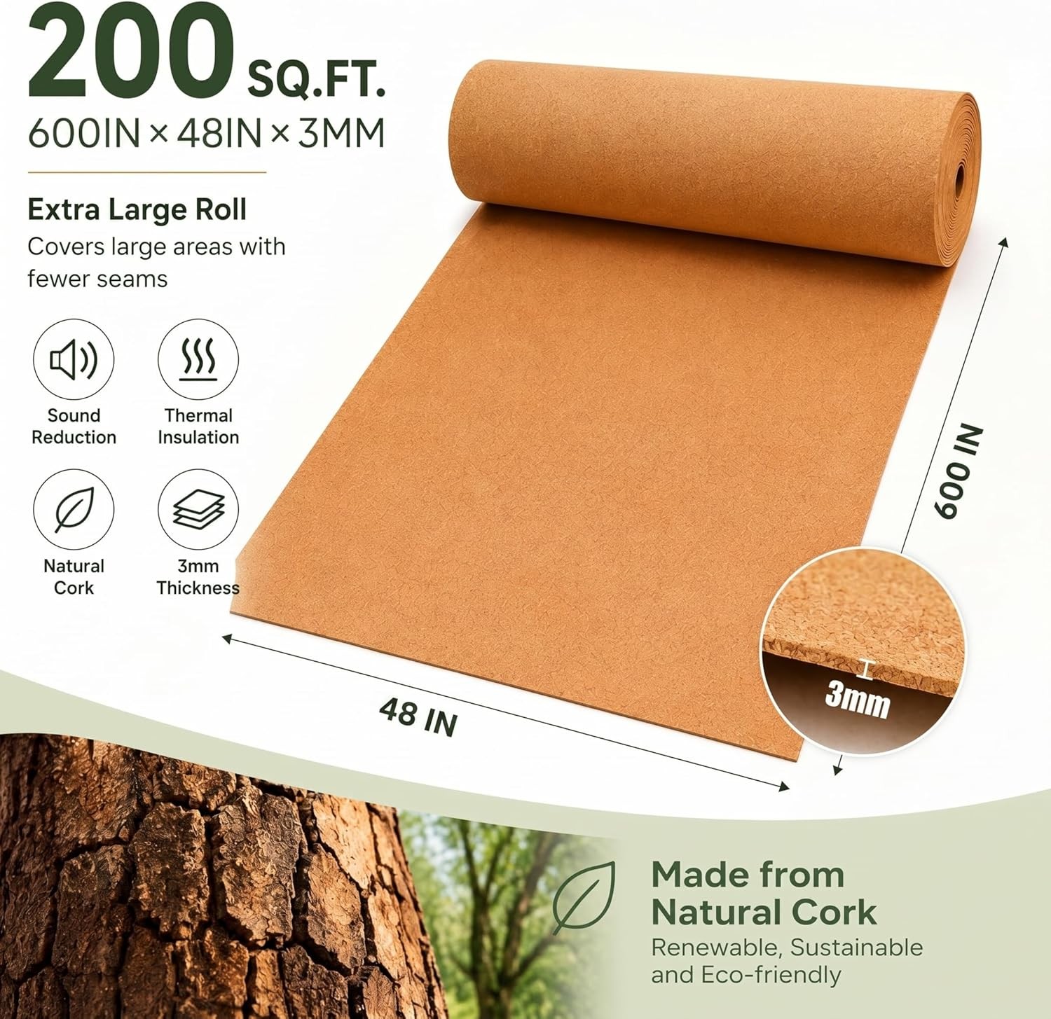 200 Sq. Ft. Cork Roll Cork Mat Roll 48 X 600 Inch Cork Underlayment Roll 1/8 Thi