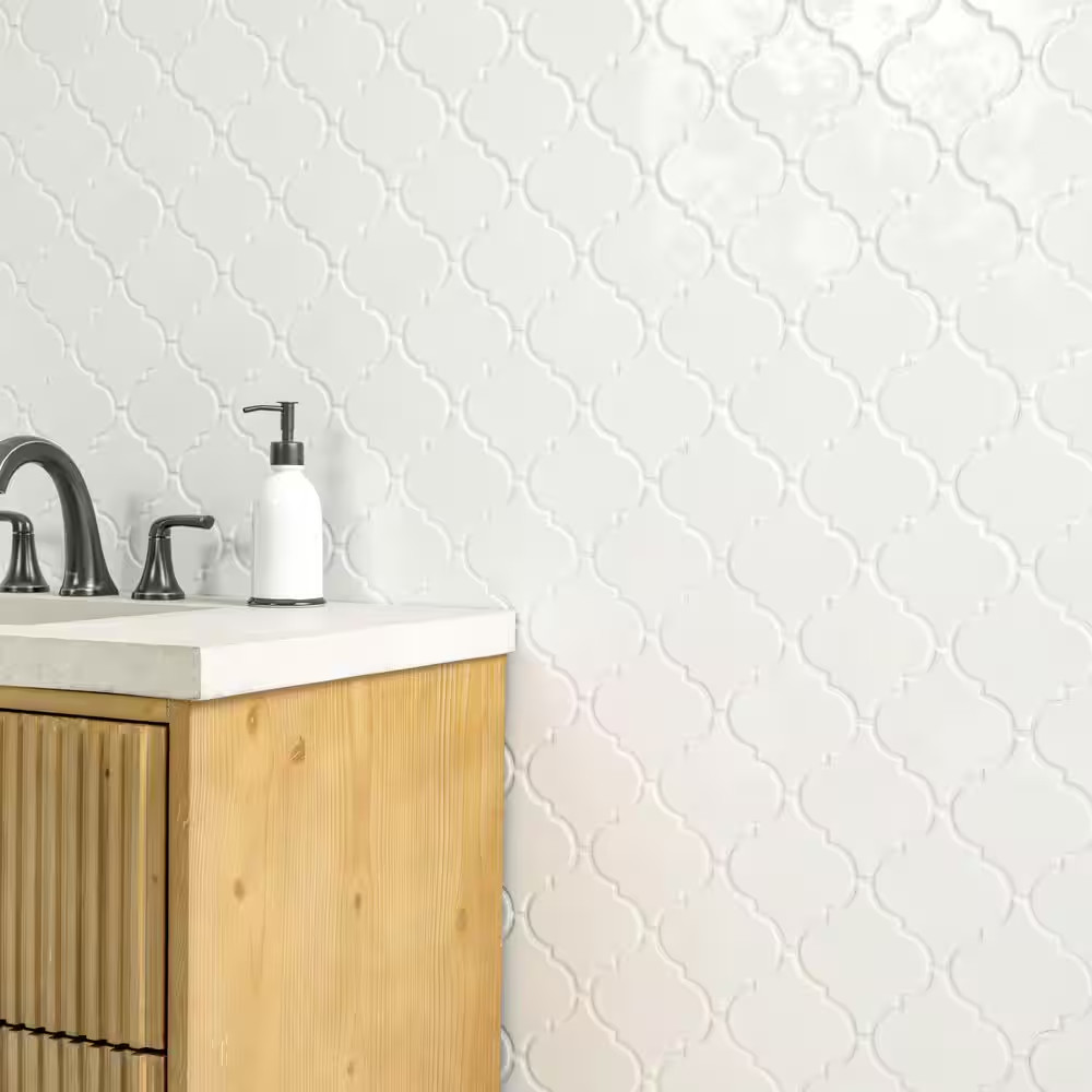 Whisper White 11X15 In. Glossy Ceramic Arabesque Mosaic Tile with Classic Curved