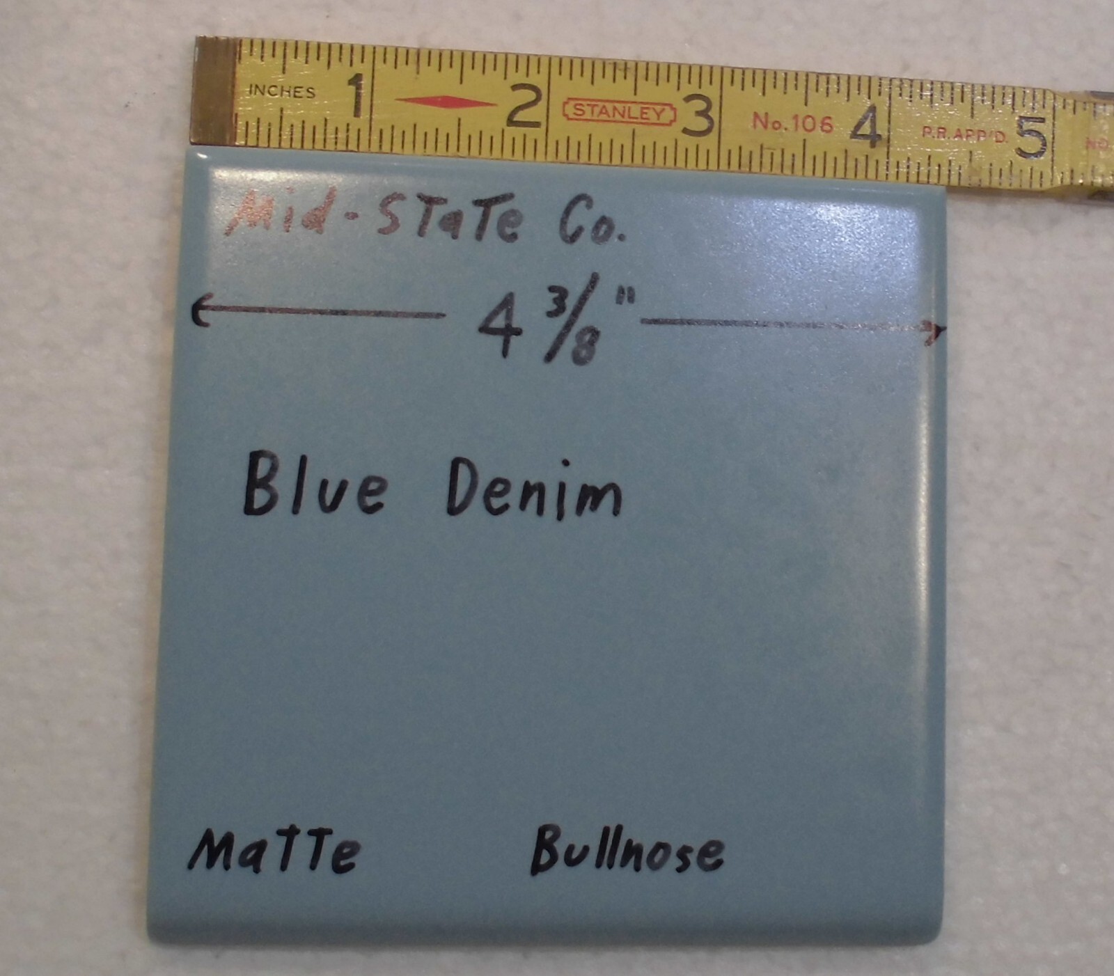 1 pc. Blue Denim: Matte Ceramic Bullnose Tile 4-3/8″ by Mid-State Co. NOS